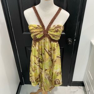 BCBGMAXAZRIA FLOWY GREEN YELLOW BROWN WHITE GOLD DRESS